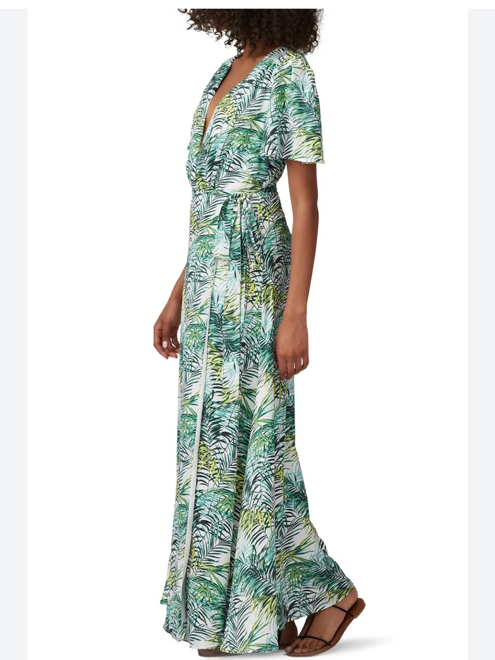 Tropical Leaf Print Wrap Maxi Dress in Green